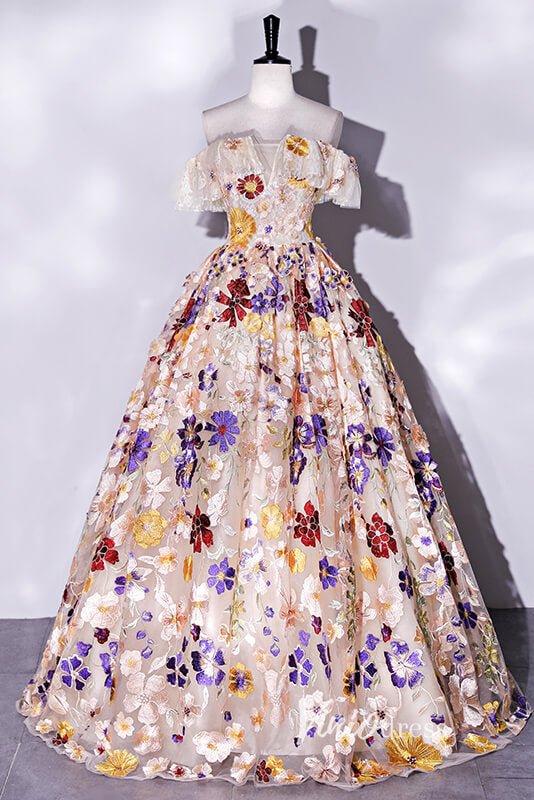 Off the Shoulder Floral Ball Gown Prom Dresses Corset Back FD1913-Quinceanera Dresses 2025 -Viniodress-Champagne-Custom Size-