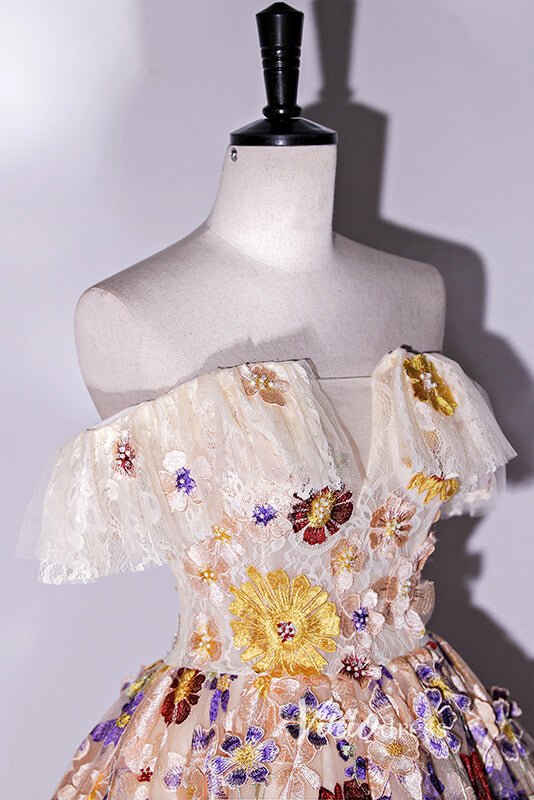 Off the Shoulder Floral Ball Gown Prom Dresses Corset Back FD1913-Quinceanera Dresses 2025 -Viniodress-Champagne-Custom Size-