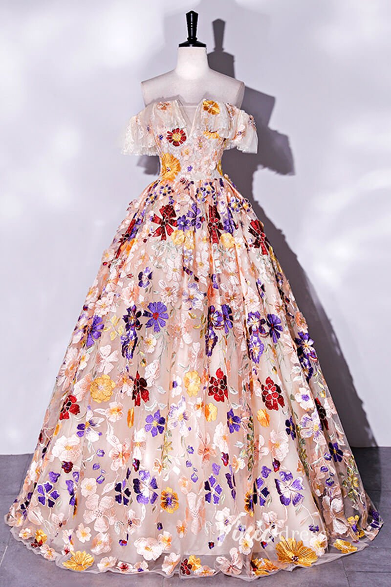 Off the Shoulder Floral Ball Gown Prom Dresses Corset Back FD1913-Quinceanera Dresses 2025 -Viniodress-Champagne-Custom Size-