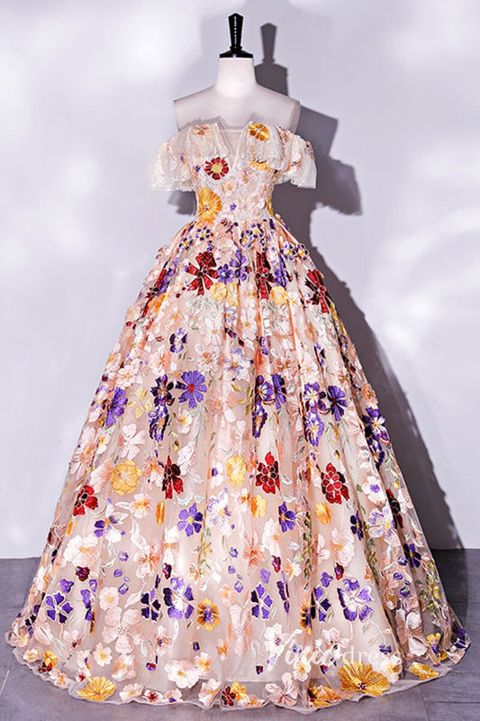 Off the Shoulder Floral Ball Gown Prom Dresses Corset Back FD1913-Quinceanera Dresses 2025 -Viniodress-Champagne-Custom Size-