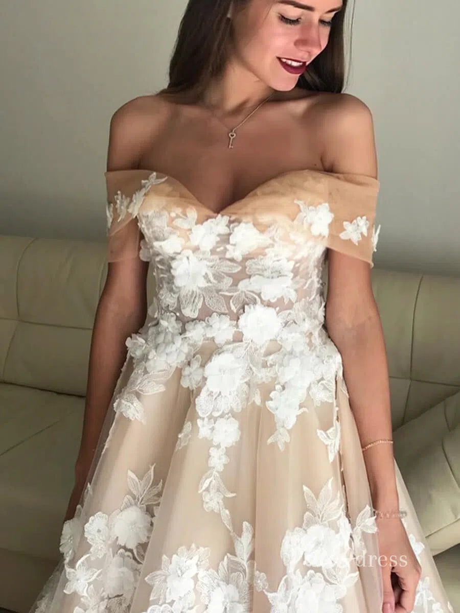 Off the Shoulder Floral Champagne Modern Wedding Dresses VW1368-wedding dresses-Viniodress-Viniodress