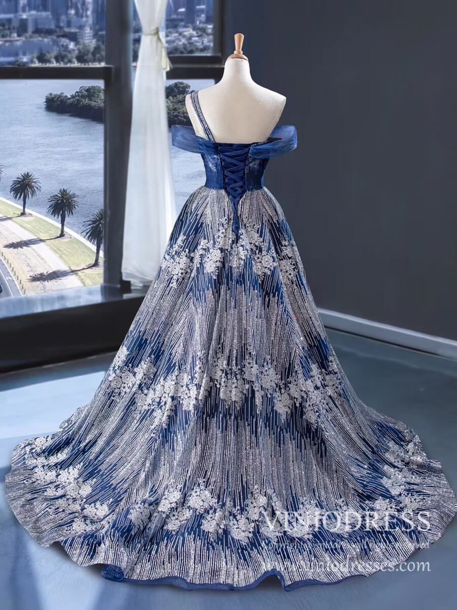 Prom Dress 2025 Off the Shoulder Glittery Silver & Blue Long Prom Dresses 2020 FD1979 viniodress-unique prom dresses-As Picture-Custom Size-Viniodress