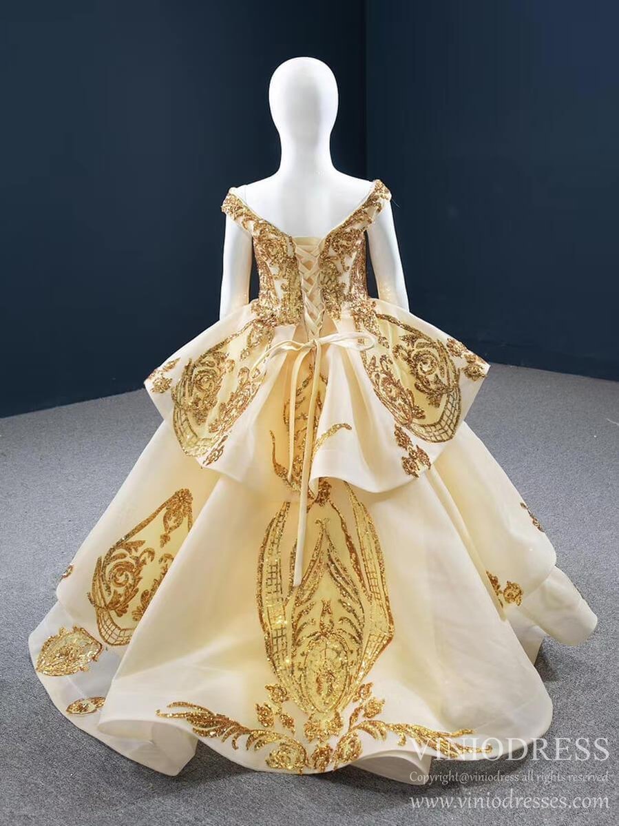 Off the Shoulder Gold Ball Gown for Little Girls 67024K-Pageant Dresses for Kids 2025 -Viniodress-As Picture-Custom Size-