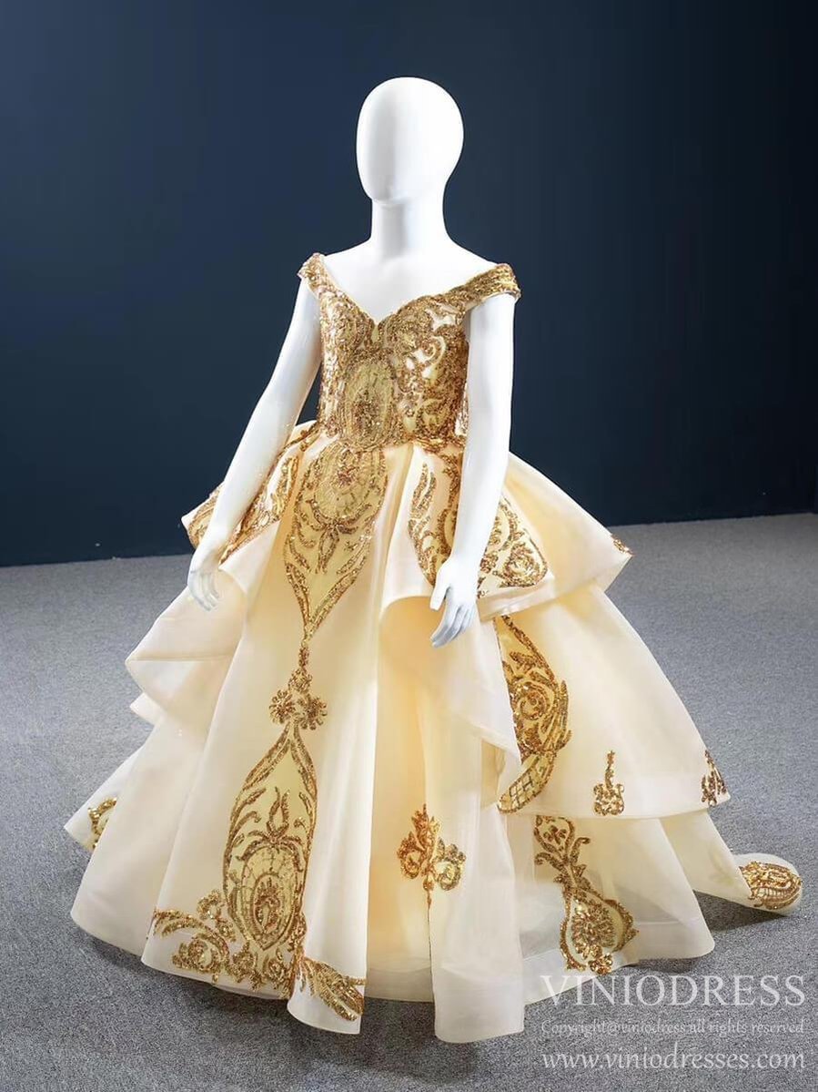Off the Shoulder Gold Ball Gown for Little Girls 67024K-Pageant Dresses for Kids 2025 -Viniodress-As Picture-Custom Size-