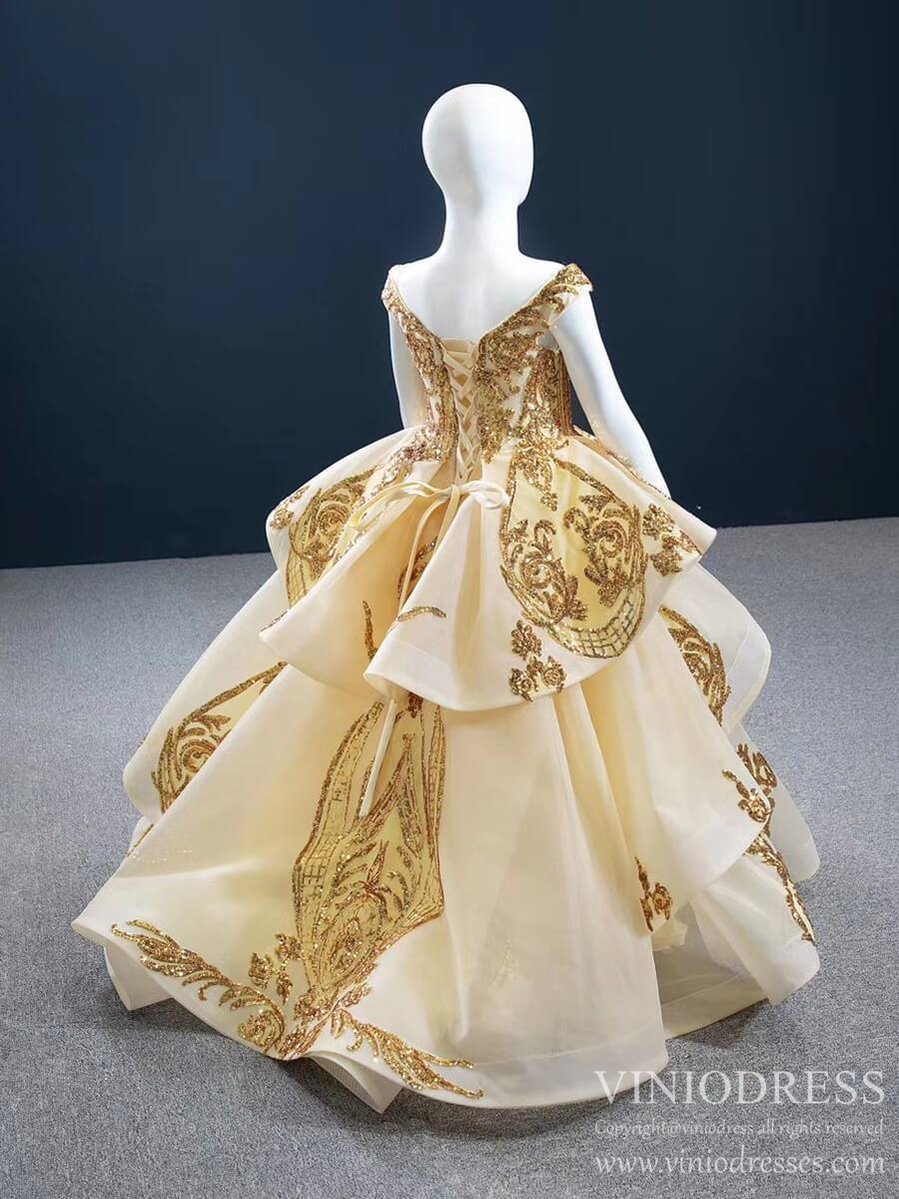 Off the Shoulder Gold Ball Gown for Little Girls 67024K-Pageant Dresses for Kids 2025 -Viniodress-As Picture-Custom Size-