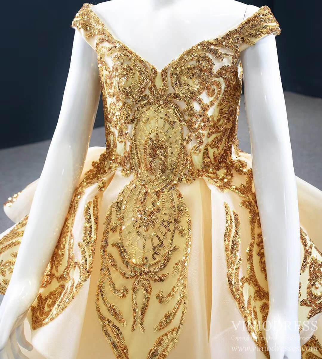 Off the Shoulder Gold Ball Gown for Little Girls 67024K-Pageant Dresses for Kids 2025 -Viniodress-As Picture-Custom Size-