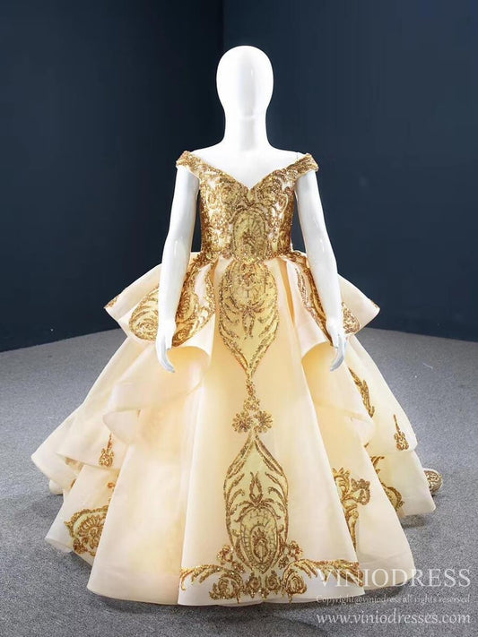 Off the Shoulder Gold Ball Gown for Little Girls 67024K-Pageant Dresses for Kids 2025 -Viniodress-As Picture-Custom Size-