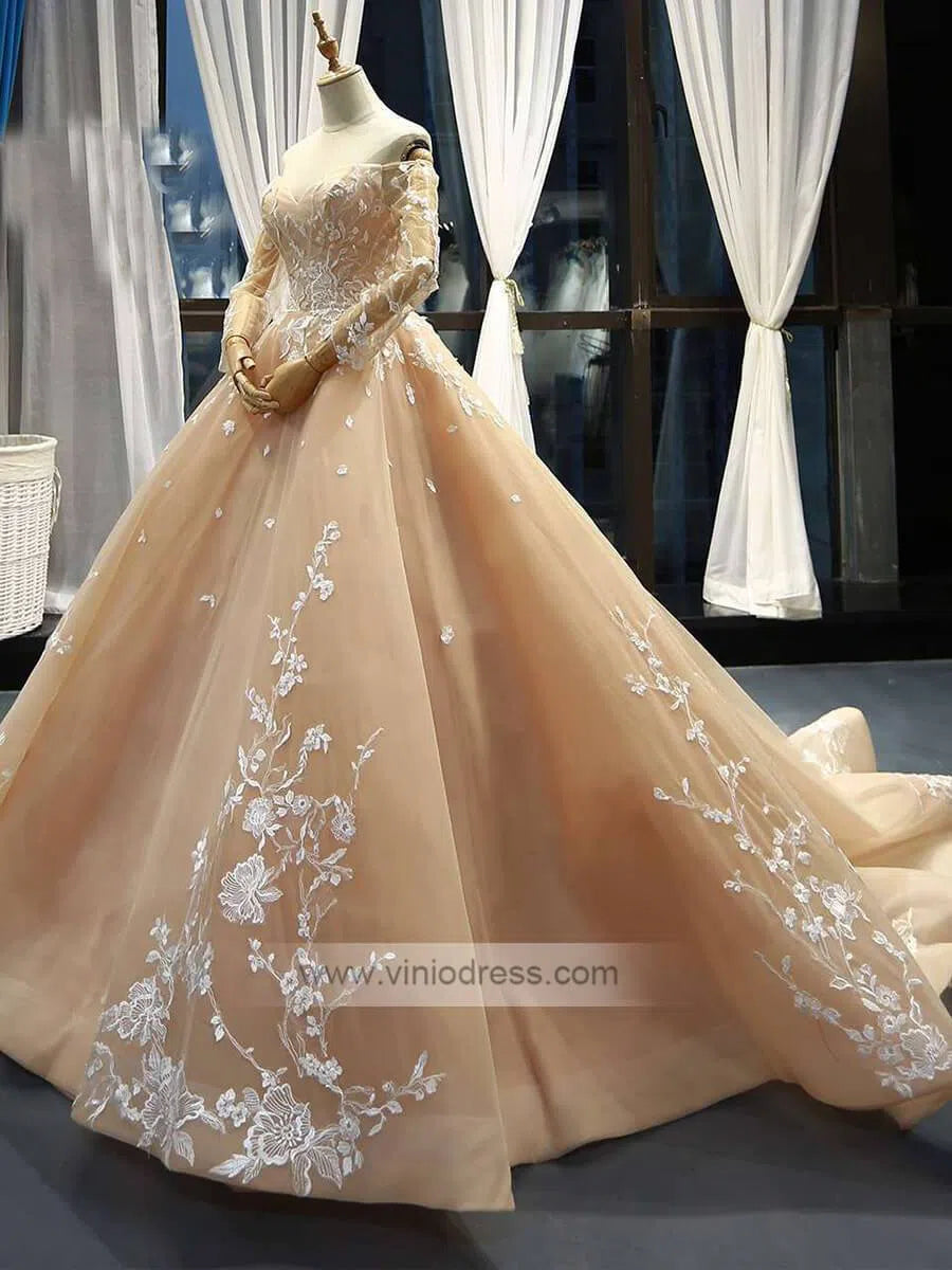 Prom Dress 2025 Off the Shoulder Gold Ball Gown Prom Dresses with Sleeves FD1118 viniodress-unique prom dresses-Gold-US 2-Viniodress