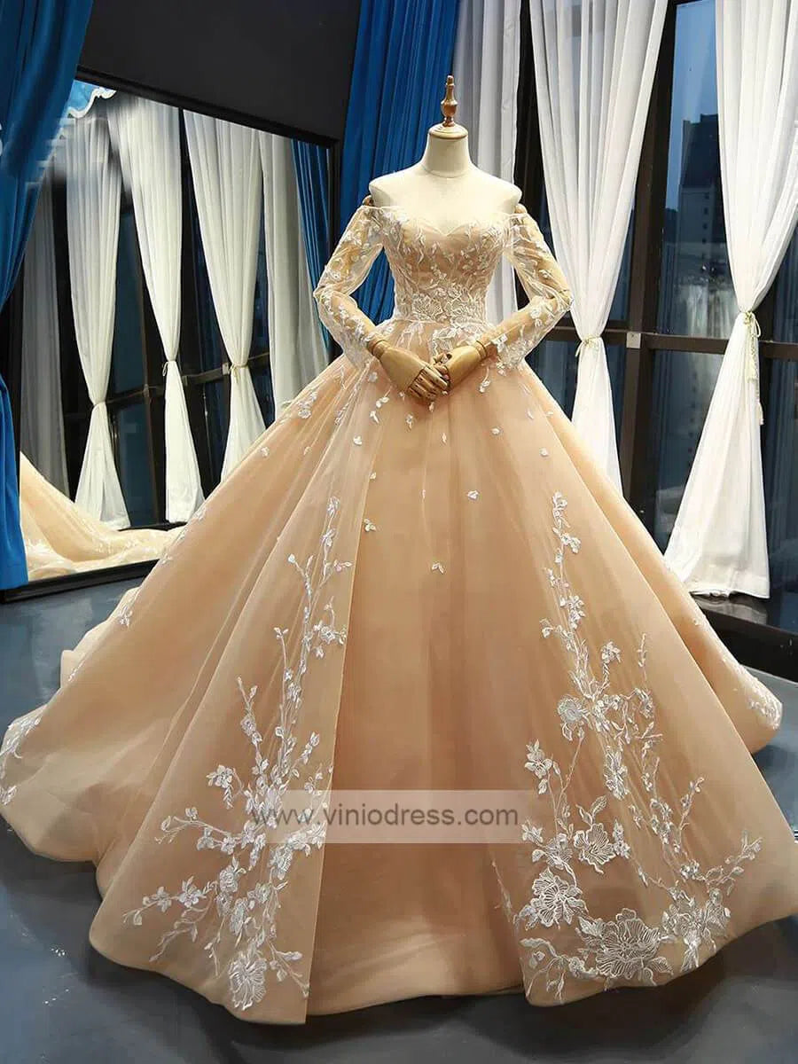 Off the Shoulder Gold Ball Gown Prom Dresses with Sleeves FD1118 viniodress-prom dresses-Viniodress-Gold-US 2-Viniodress