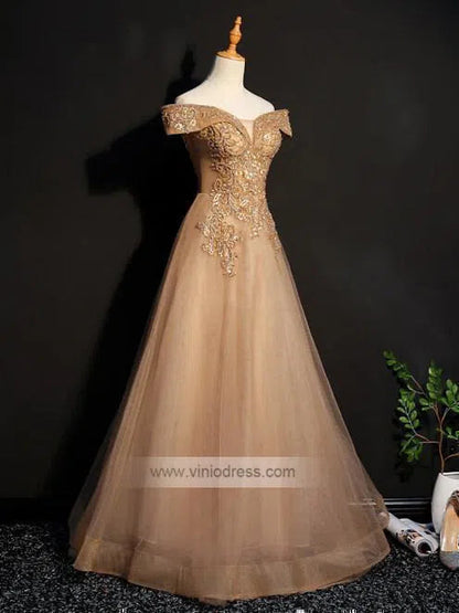 Off the Shoulder Gold Beaded Prom Dresses Long FD1457-prom dresses 2025 -Viniodress-Gold-Custom Size-