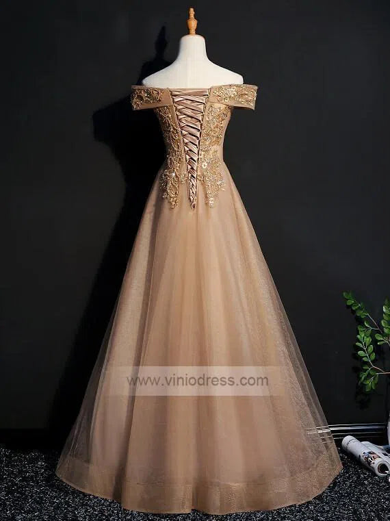 Prom Dress 2025 Off the Shoulder Gold Beaded Prom Dresses Long FD1457-unique prom dresses-Gold-Custom Size-Viniodress