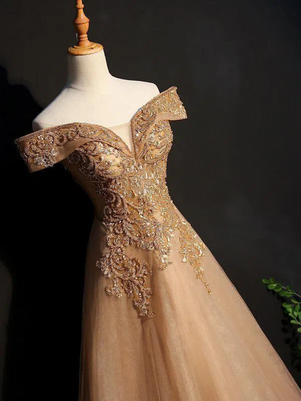 Prom Dress 2025 Off the Shoulder Gold Beaded Prom Dresses Long FD1457-unique prom dresses-Gold-Custom Size-Viniodress