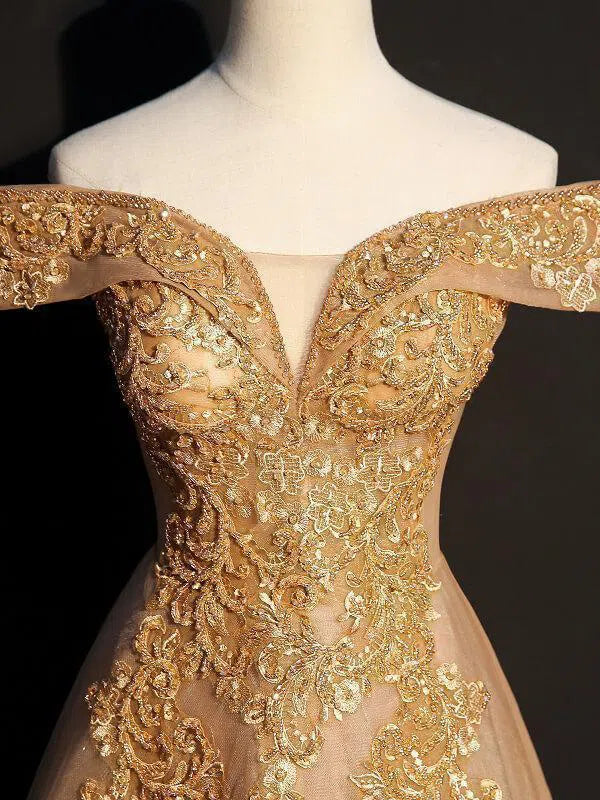 Prom Dress 2025 Off the Shoulder Gold Beaded Prom Dresses Long FD1457-unique prom dresses-Gold-Custom Size-Viniodress