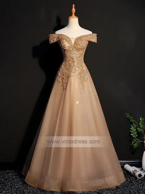 Prom Dress 2025 Off the Shoulder Gold Beaded Prom Dresses Long FD1457-unique prom dresses-Gold-Custom Size-Viniodress