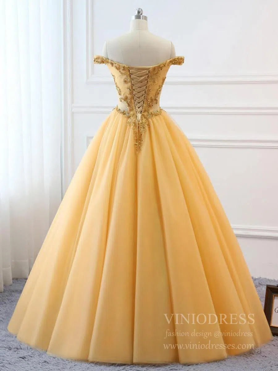 Off the Shoulder Gold Beaded Quinceanera Dresses Sweet 15 Dress FD1682-prom dresses 2025 -Viniodress-Gold-Custom Size-
