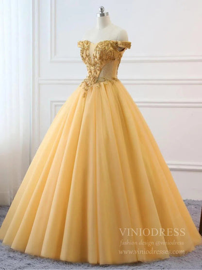 Off the Shoulder Gold Beaded Quinceanera Dresses Sweet 15 Dress FD1682-prom dresses 2025 -Viniodress-Gold-Custom Size-