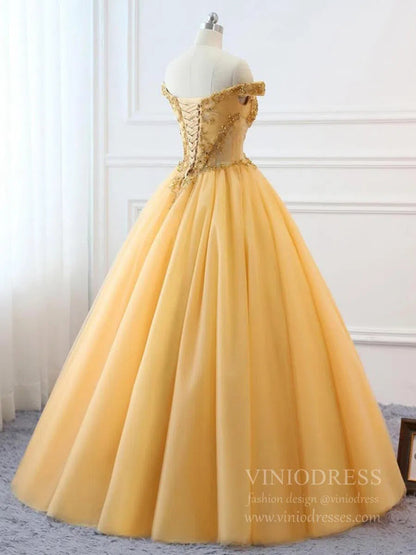 Off the Shoulder Gold Beaded Quinceanera Dresses Sweet 15 Dress FD1682-prom dresses 2025 -Viniodress-Gold-Custom Size-