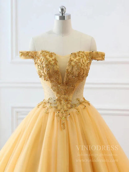 Off the Shoulder Gold Beaded Quinceanera Dresses Sweet 15 Dress FD1682-prom dresses 2025 -Viniodress-Gold-Custom Size-