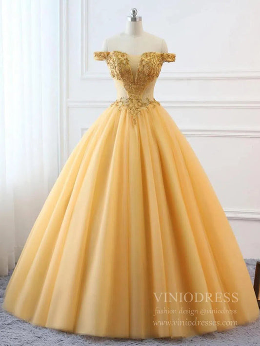 Off the Shoulder Gold Beaded Quinceanera Dresses Sweet 15 Dress FD1682-prom dresses 2025 -Viniodress-Gold-Custom Size-