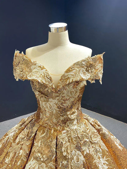 Off the Shoulder Gold Floral Quinceañera Dresses 66536C viniodress-Quinceanera Dresses 2025 -Viniodress-Gold-Custom Size-