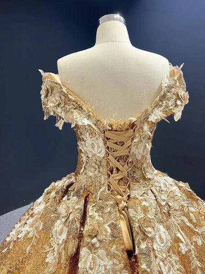 Off the Shoulder Gold Floral Quinceañera Dresses 66536C viniodress-Quinceanera Dresses 2025 -Viniodress-Gold-Custom Size-