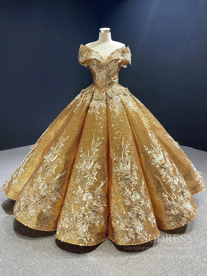 Off the Shoulder Gold Floral Quinceañera Dresses 66536C viniodress-Quinceanera Dresses 2025 -Viniodress-Gold-Custom Size-
