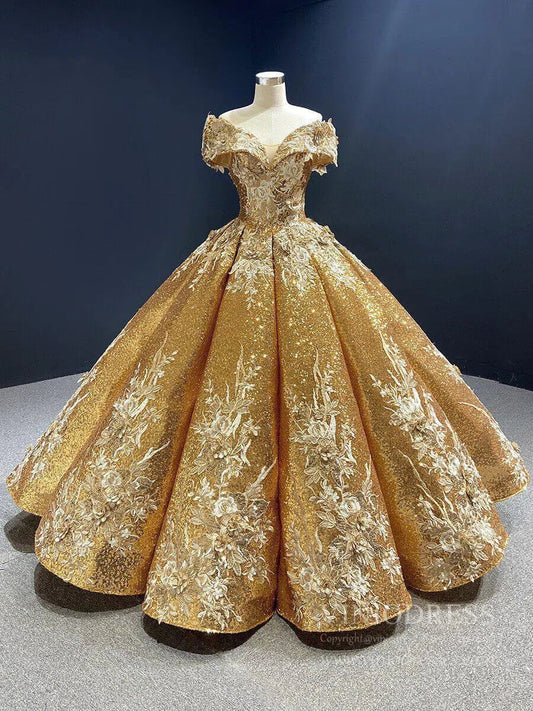 Off the Shoulder Gold Floral Quinceañera Dresses 66536C viniodress-Quinceanera Dresses 2025 -Viniodress-Gold-Custom Size-