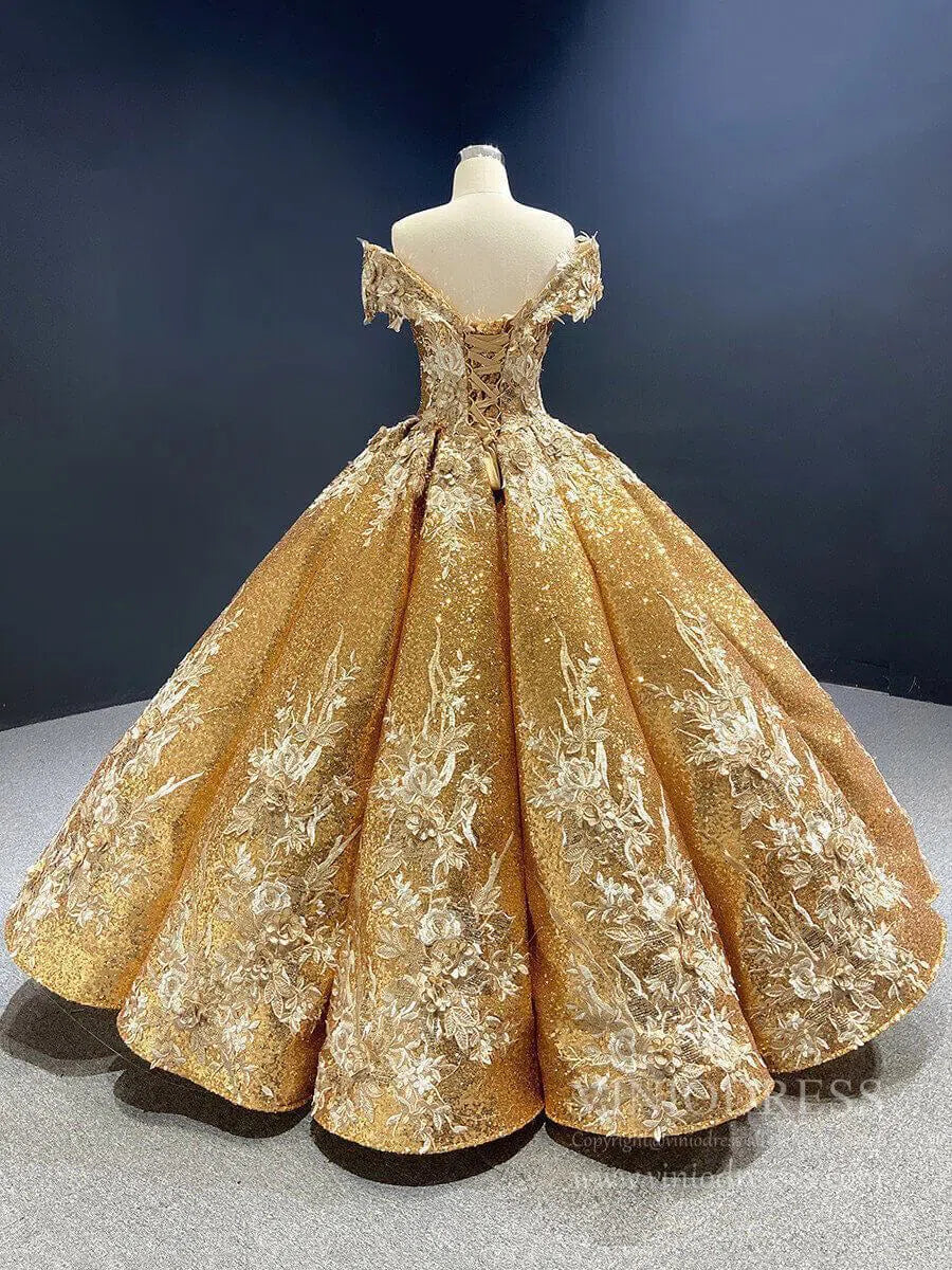 Prom Dress 2025 Off the Shoulder Gold Floral Quinceañera Dresses 66536C viniodress-unique Quinceanera Dresses-Gold-Custom Size-Viniodress