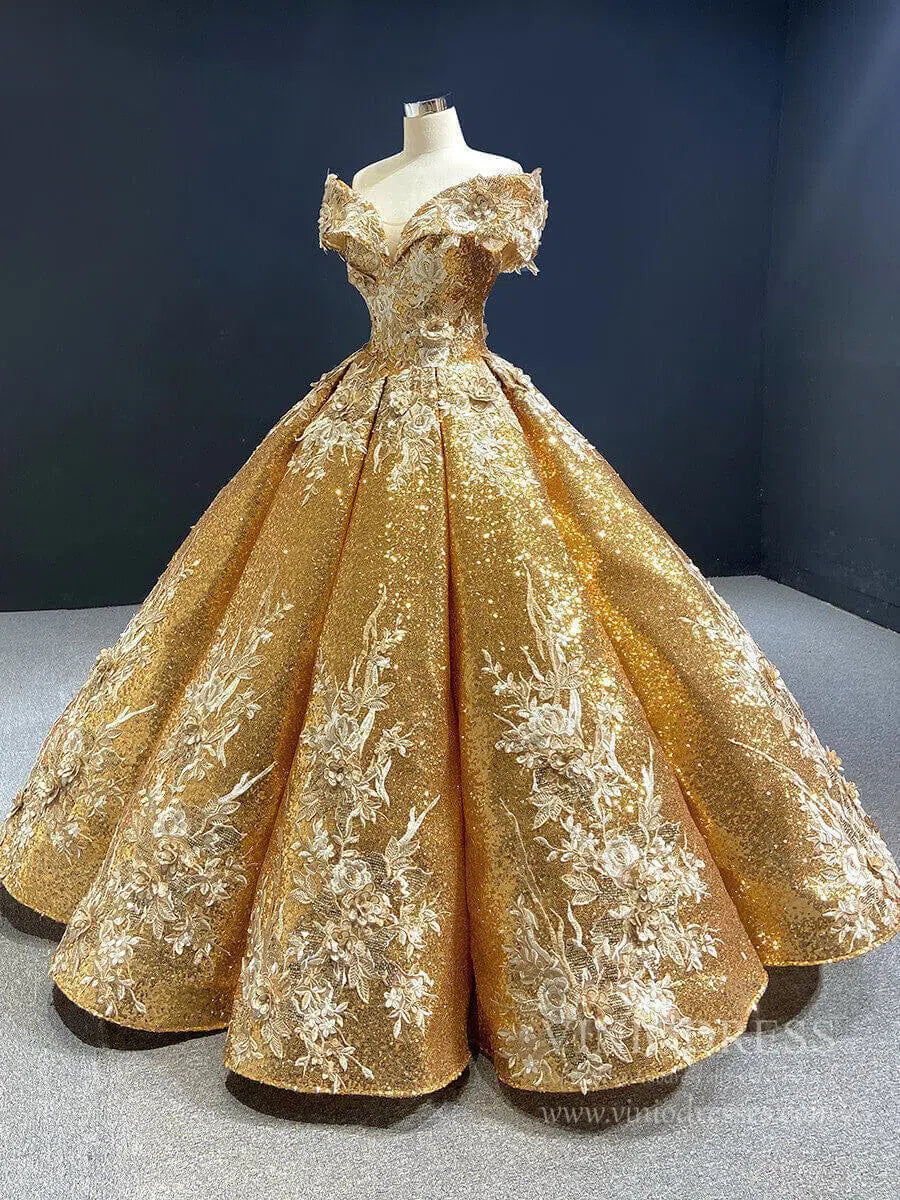 Prom Dress 2025 Off the Shoulder Gold Floral Quinceañera Dresses 66536C viniodress-unique Quinceanera Dresses-Gold-Custom Size-Viniodress