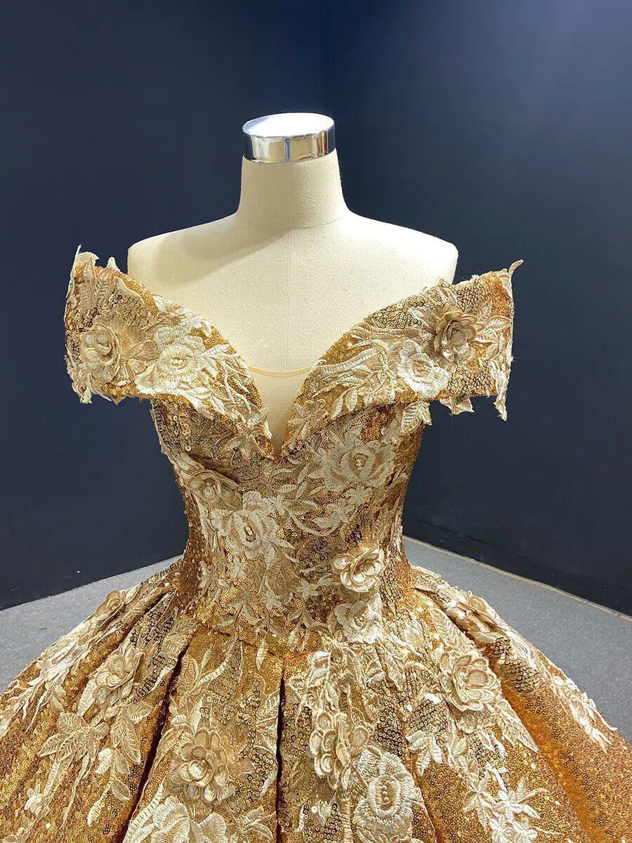 Prom Dress 2025 Off the Shoulder Gold Floral Quinceañera Dresses 66536C viniodress-unique Quinceanera Dresses-Gold-Custom Size-Viniodress