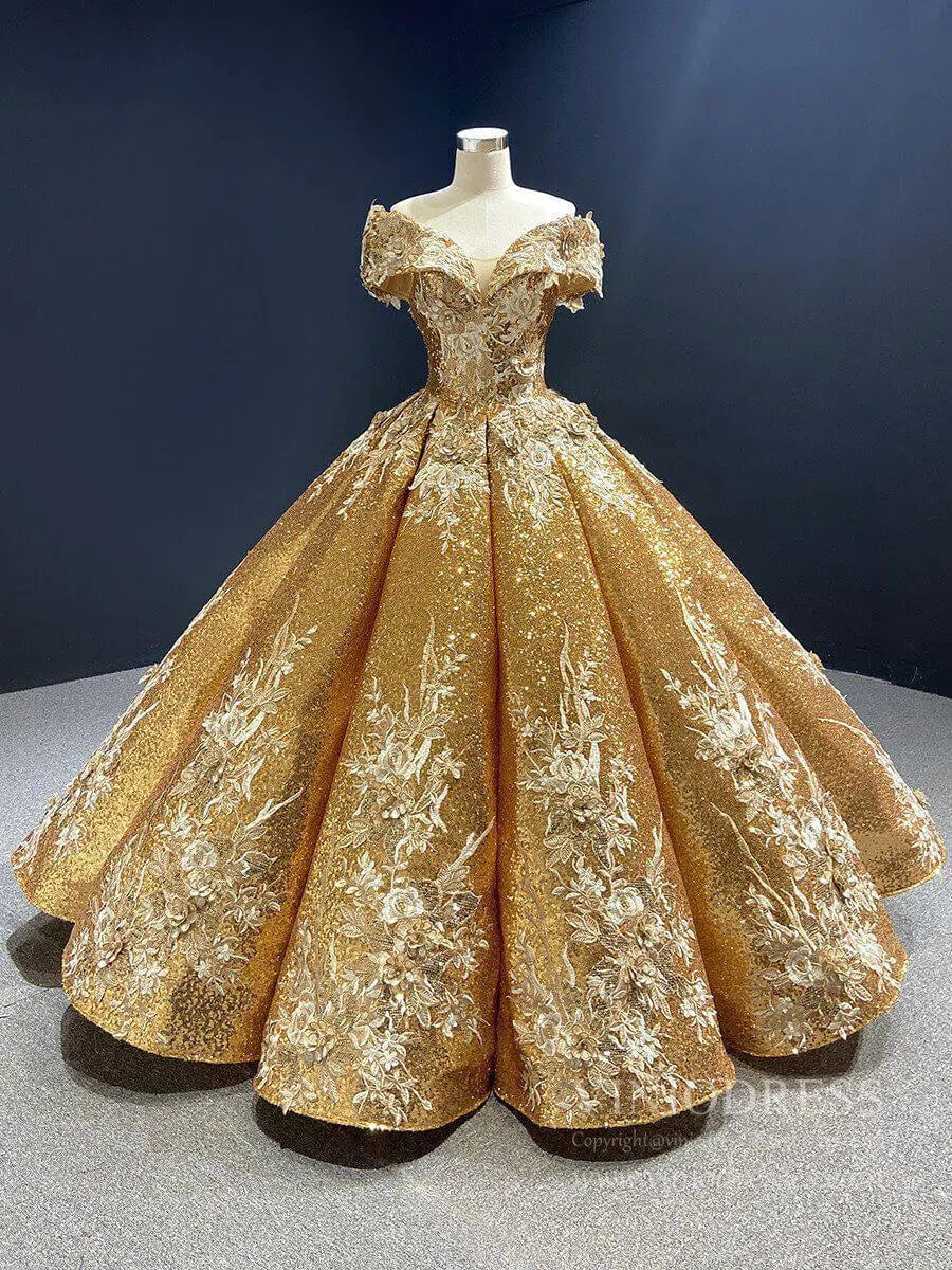 Off the Shoulder Gold Floral Quinceañera Dresses 66536C viniodress-Quinceanera Dresses-Viniodress-Gold-Custom Size-Viniodress