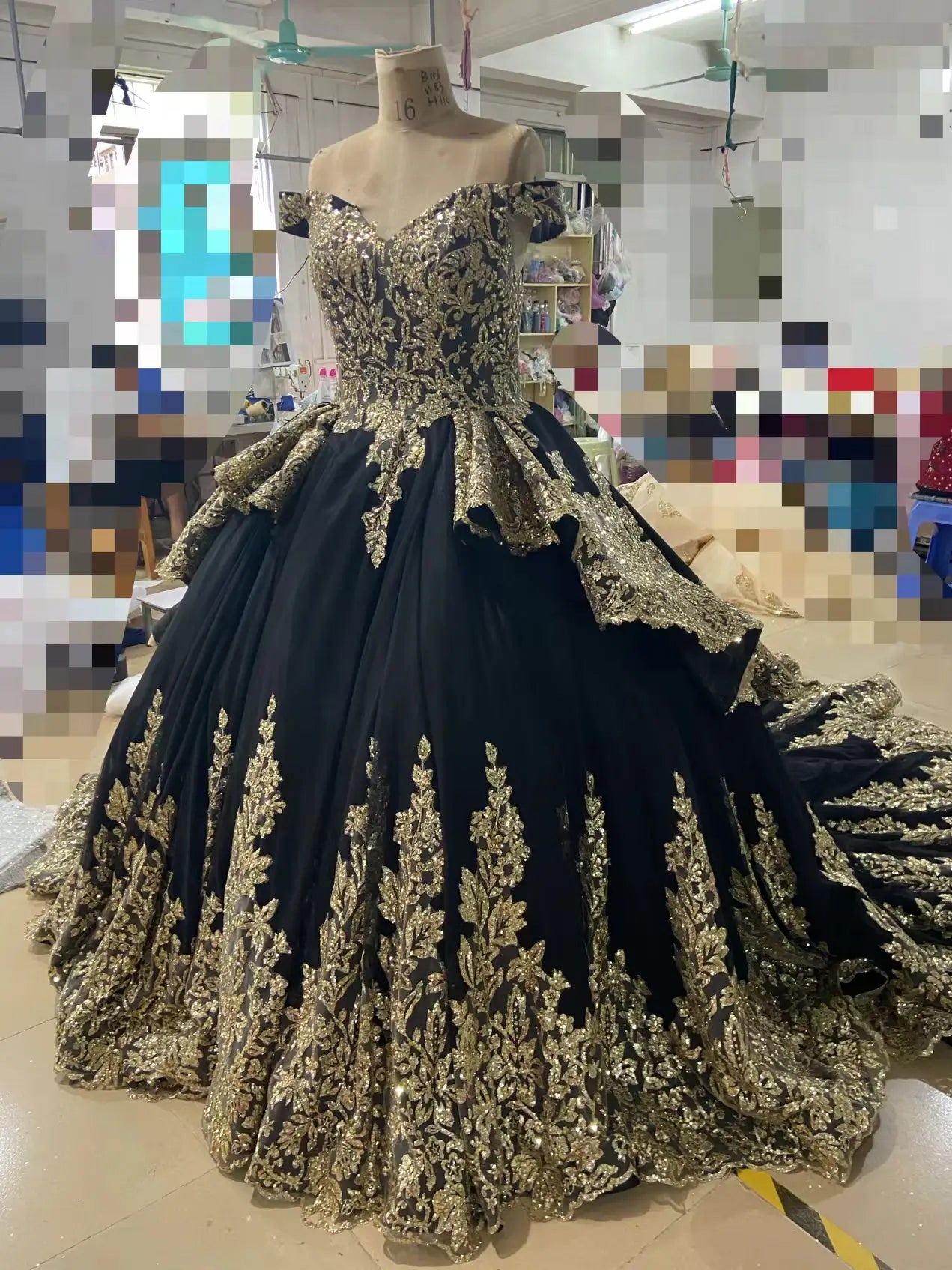 Off-the-Shoulder Gold Lace Ball Gown Wedding Dress | Luxury Vintage Gown with 1.2m Train 66949-wedding dresses 2026-Viniodress-Black-Custom Size-