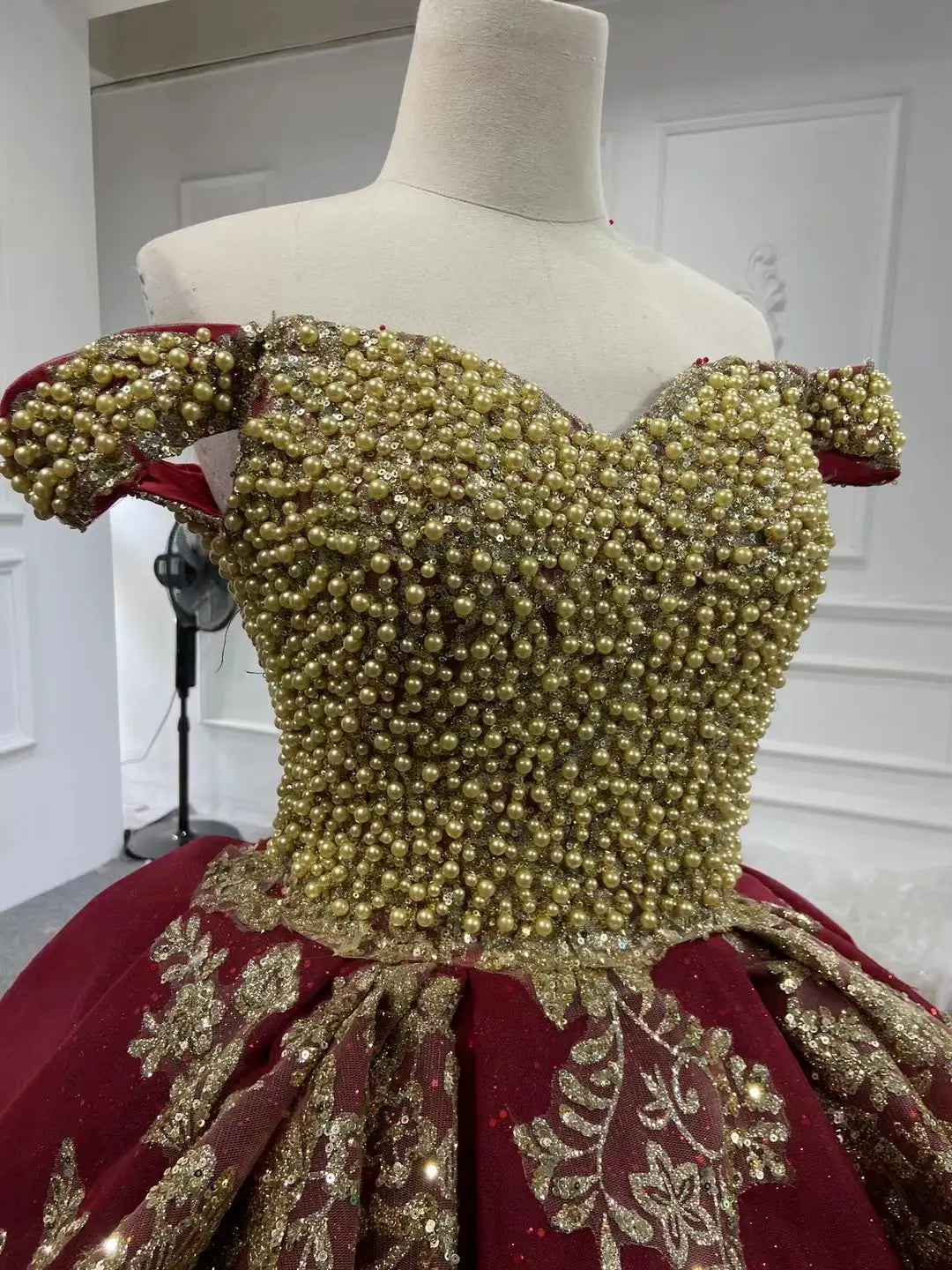 Off-the-Shoulder Gold Lace Ball Gown Wedding Dress | Luxury Vintage Gown with 1.2m Train 66949-wedding dresses 2026-Viniodress-Burgundy-Custom Size-