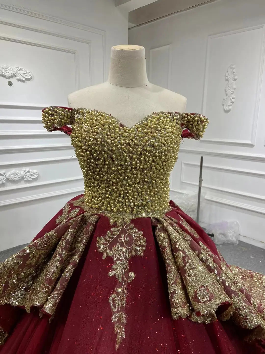 Off-the-Shoulder Gold Lace Ball Gown Wedding Dress | Luxury Vintage Gown with 1.2m Train 66949-wedding dresses 2026-Viniodress-Burgundy-Custom Size-