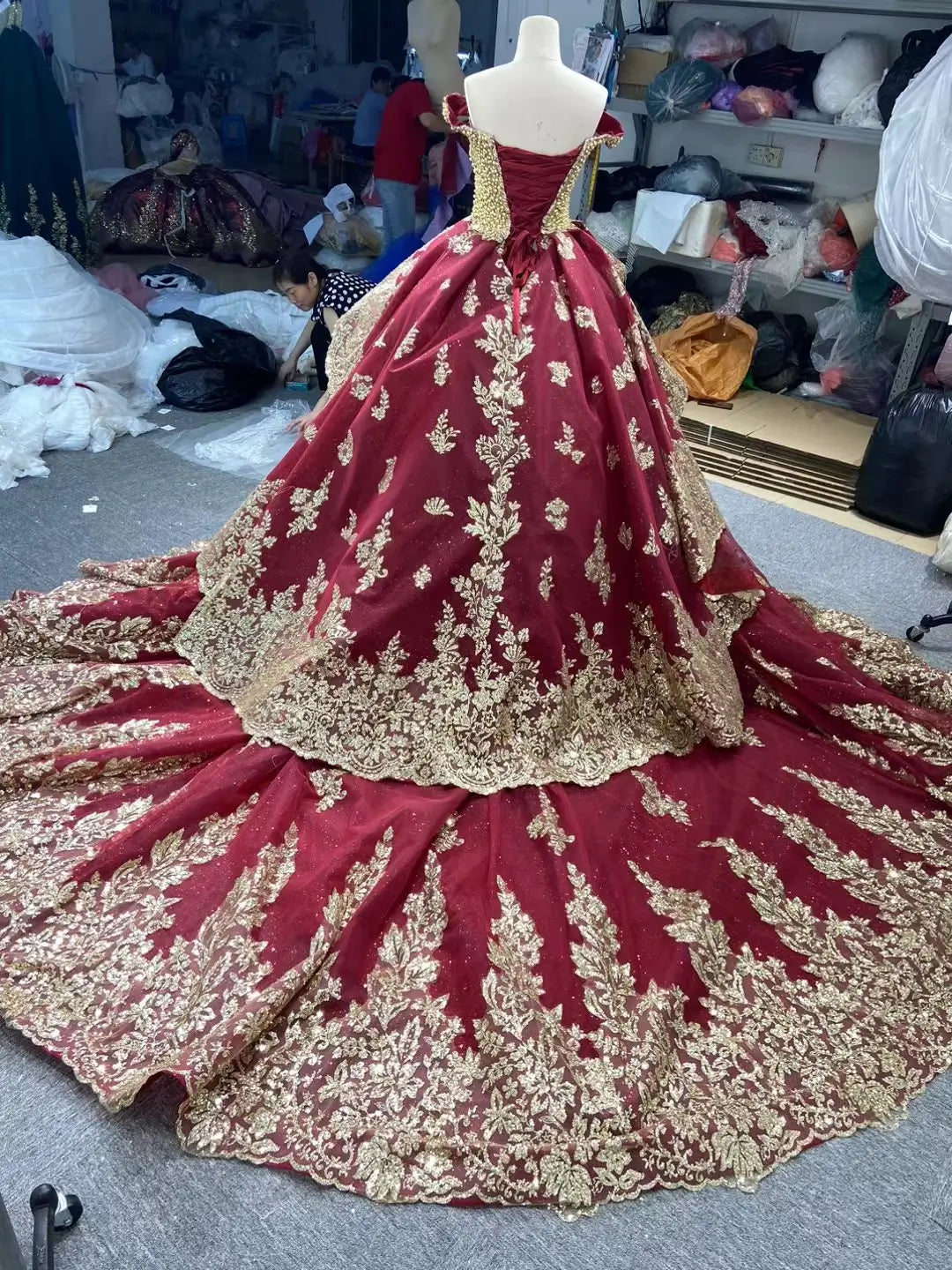 Off-the-Shoulder Gold Lace Ball Gown Wedding Dress | Luxury Vintage Gown with 1.2m Train 66949-wedding dresses 2026-Viniodress-Burgundy-Custom Size-