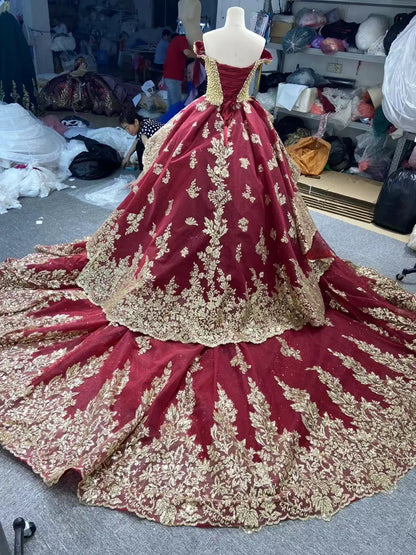 Off-the-Shoulder Gold Lace Ball Gown Wedding Dress | Luxury Vintage Gown with 1.2m Train 66949-wedding dresses 2026-Viniodress-Burgundy-Custom Size-