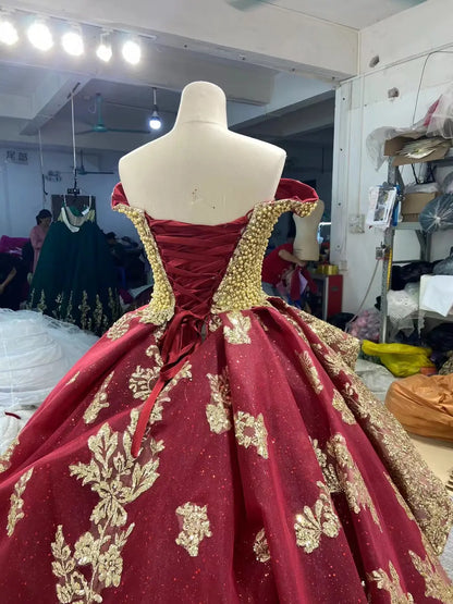 Off-the-Shoulder Gold Lace Ball Gown Wedding Dress | Luxury Vintage Gown with 1.2m Train 66949-wedding dresses 2026-Viniodress-Burgundy-Custom Size-