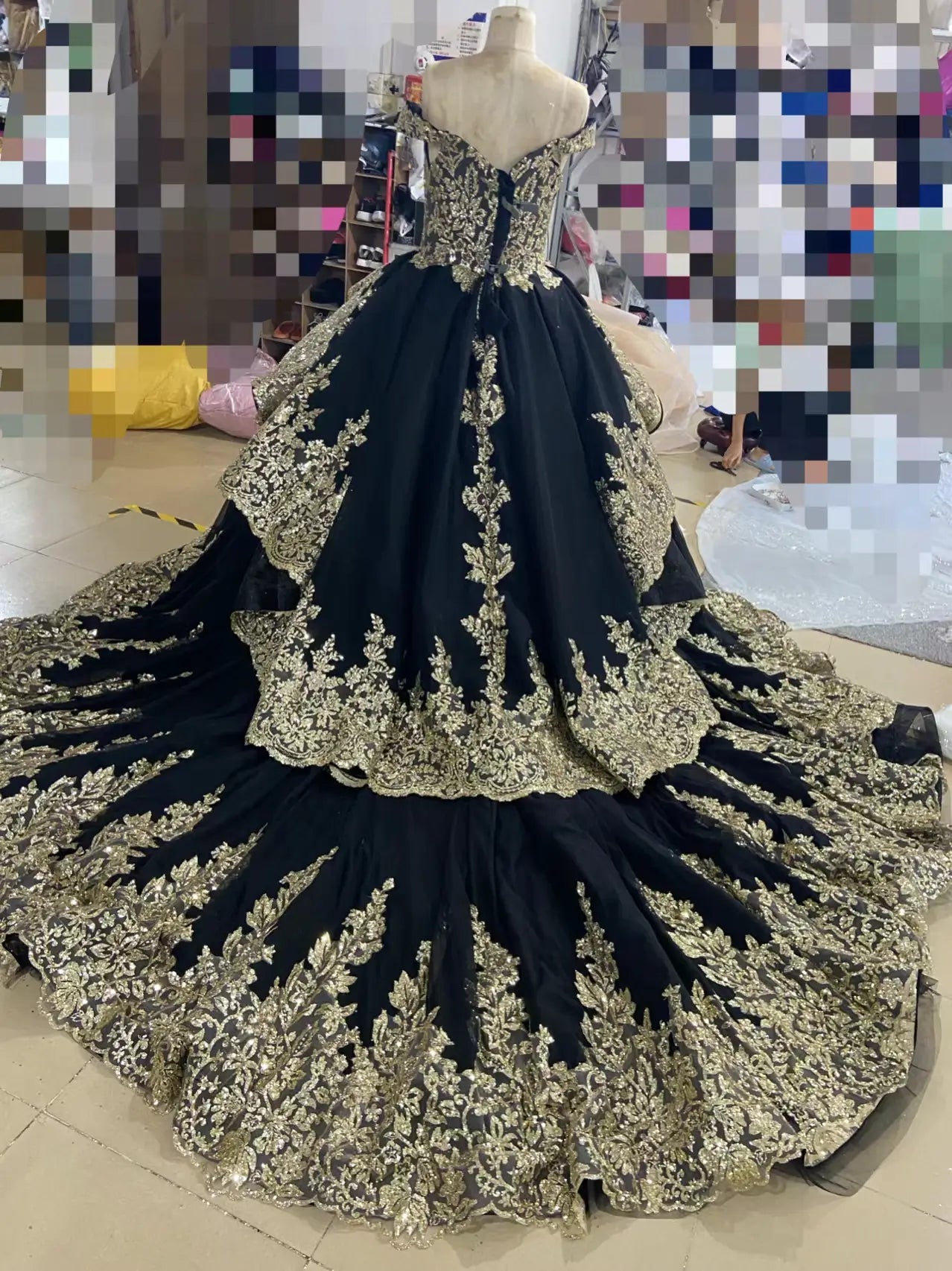 Off-the-Shoulder Gold Lace Ball Gown Wedding Dress | Luxury Vintage Gown with 1.2m Train 66949-wedding dresses 2026-Viniodress-Burgundy-Custom Size-