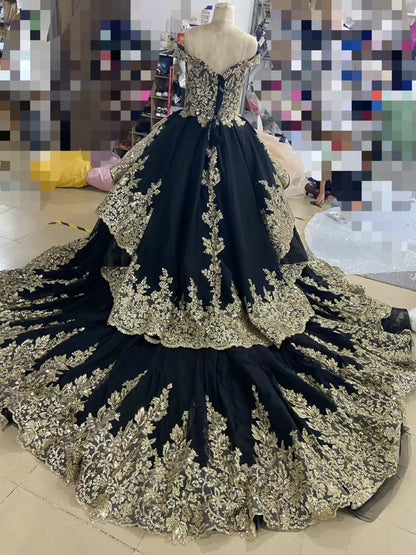 Off-the-Shoulder Gold Lace Ball Gown Wedding Dress | Luxury Vintage Gown with 1.2m Train 66949-wedding dresses 2026-Viniodress-Burgundy-Custom Size-