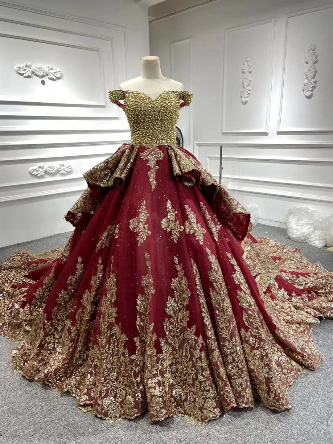 Off-the-Shoulder Gold Lace Ball Gown Wedding Dress | Luxury Vintage Gown with 1.2m Train 66949-wedding dresses 2026-Viniodress-Burgundy-Custom Size-