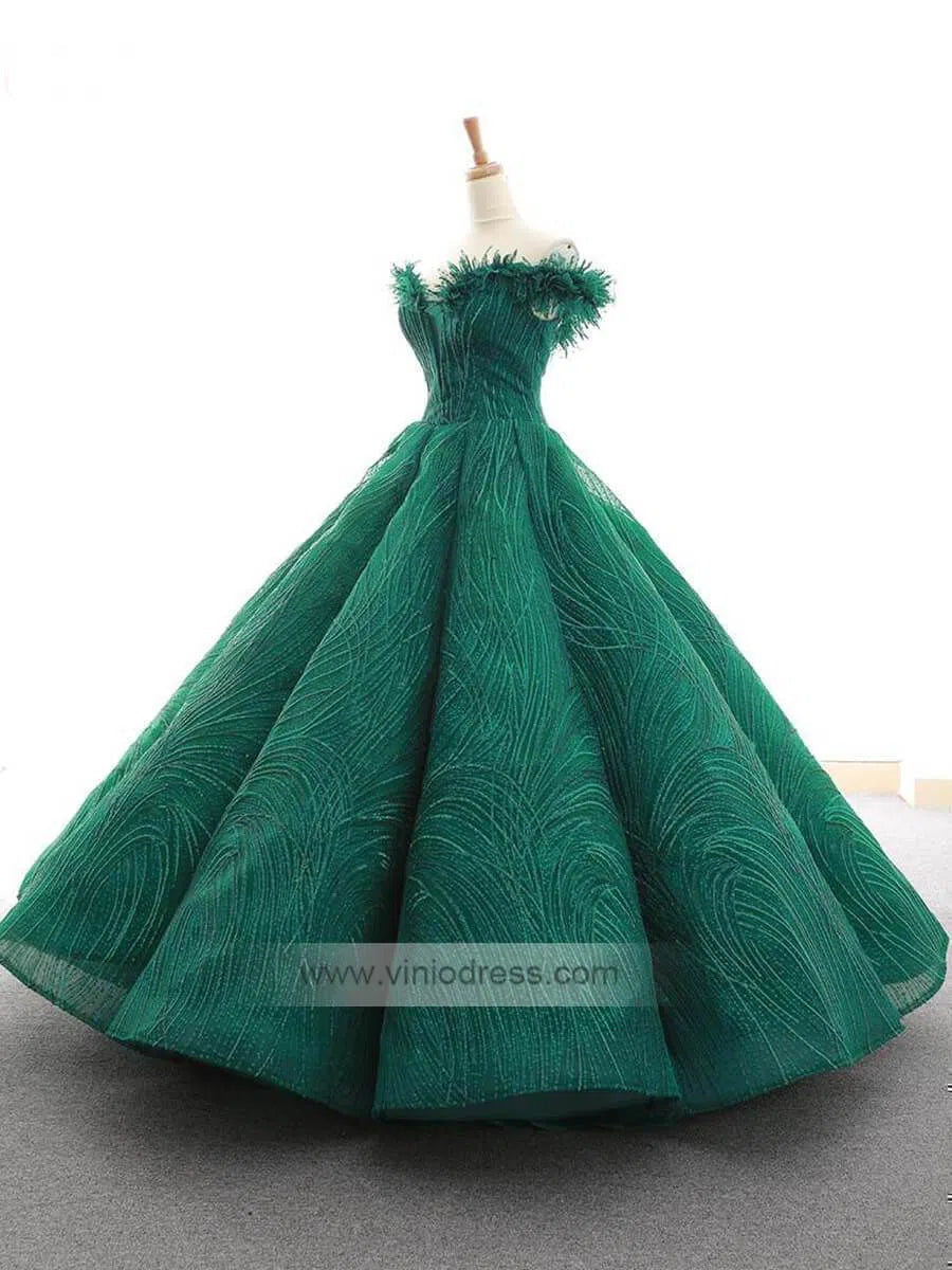 Off the Shoulder Gold Lace Quinceanera Dress Ball Gown Prom Dresses FD1136 viniodress-Quinceanera Dresses 2025 -Viniodress-Emerald Green-Custom Size-
