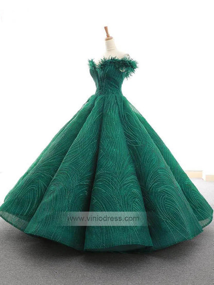 Off the Shoulder Gold Lace Quinceanera Dress Ball Gown Prom Dresses FD1136 viniodress-Quinceanera Dresses 2025 -Viniodress-Emerald Green-Custom Size-