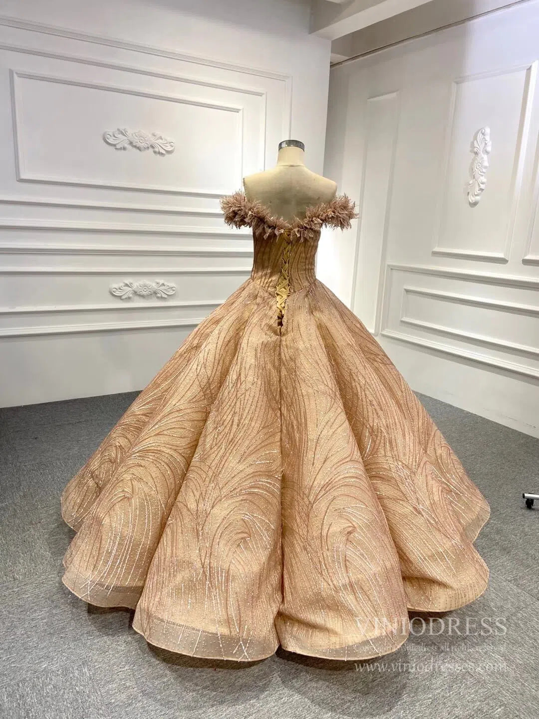 Off the Shoulder Gold Lace Quinceanera Dress Ball Gown Prom Dresses FD1136 viniodress-Quinceanera Dresses 2025 -Viniodress-Gold-Custom Size-