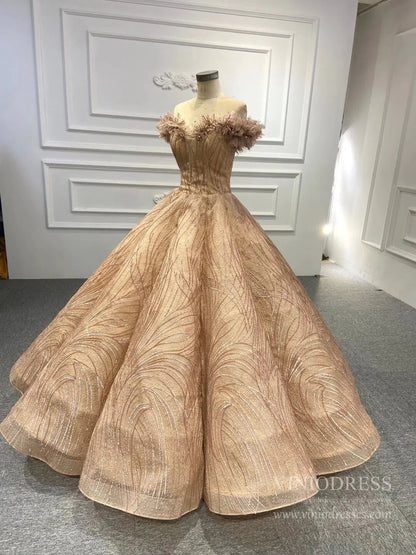 Off the Shoulder Gold Lace Quinceanera Dress Ball Gown Prom Dresses FD1136 viniodress-Quinceanera Dresses 2025 -Viniodress-Gold-Custom Size-