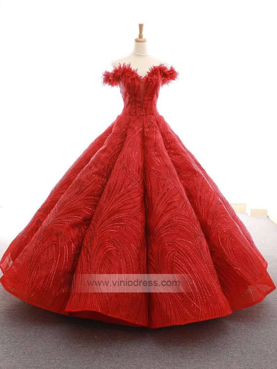 Off the Shoulder Gold Lace Quinceanera Dress Ball Gown Prom Dresses FD1136 viniodress-Quinceanera Dresses 2025 -Viniodress-Red-Custom Size-