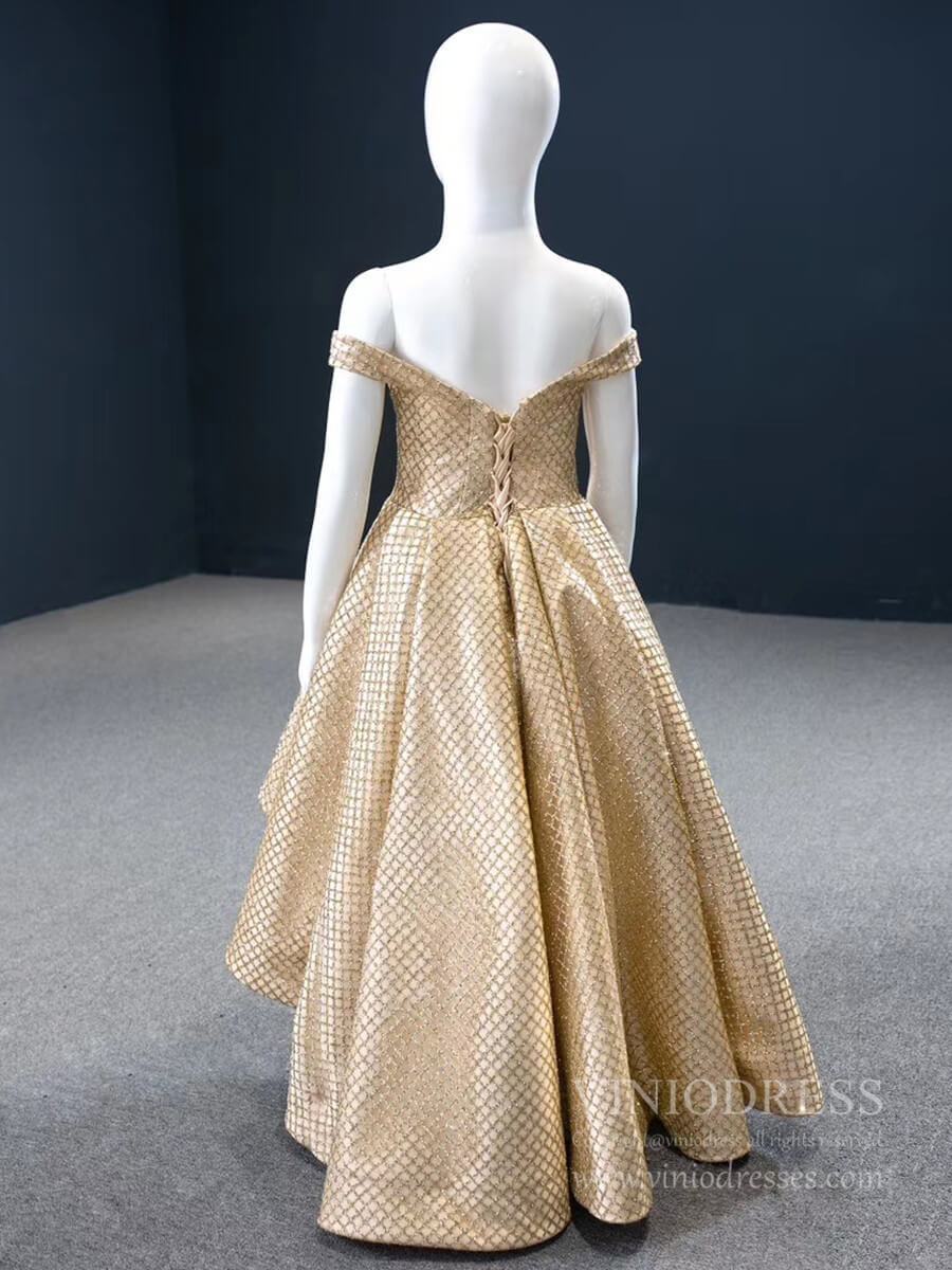 Off the Shoulder Gold Prom Dress for Little Girls FD1087C-Pageant Dresses for Kids 2025 -Viniodress-As Picture-Custom Size-