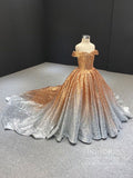 Off the Shoulder Gold Sequin Ball Gown for Child FD1959K-Girls Prom Dresses-Viniodress-Viniodress