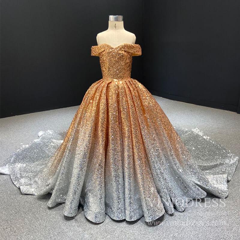 Off the Shoulder Gold Sequin Ball Gown for Child FD1959K-Pageant Dresses for Kids 2025 -Viniodress-As Picture-Custom Size-