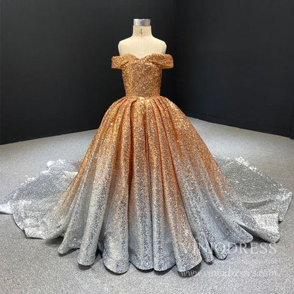 Off the Shoulder Gold Sequin Ball Gown for Child FD1959K-Pageant Dresses for Kids 2025 -Viniodress-As Picture-Custom Size-