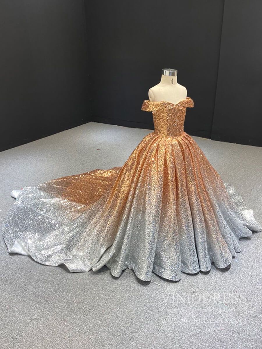 Off the Shoulder Gold Sequin Ball Gown for Child FD1959K-Pageant Dresses for Kids 2025 -Viniodress-As Picture-Custom Size-